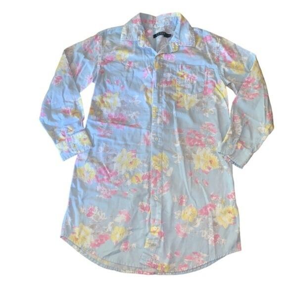 Lauren Ralph Lauren Floral Sleep Shirt Cotton Long Sleeve Button Down Blue Small - Picture 1 of 7